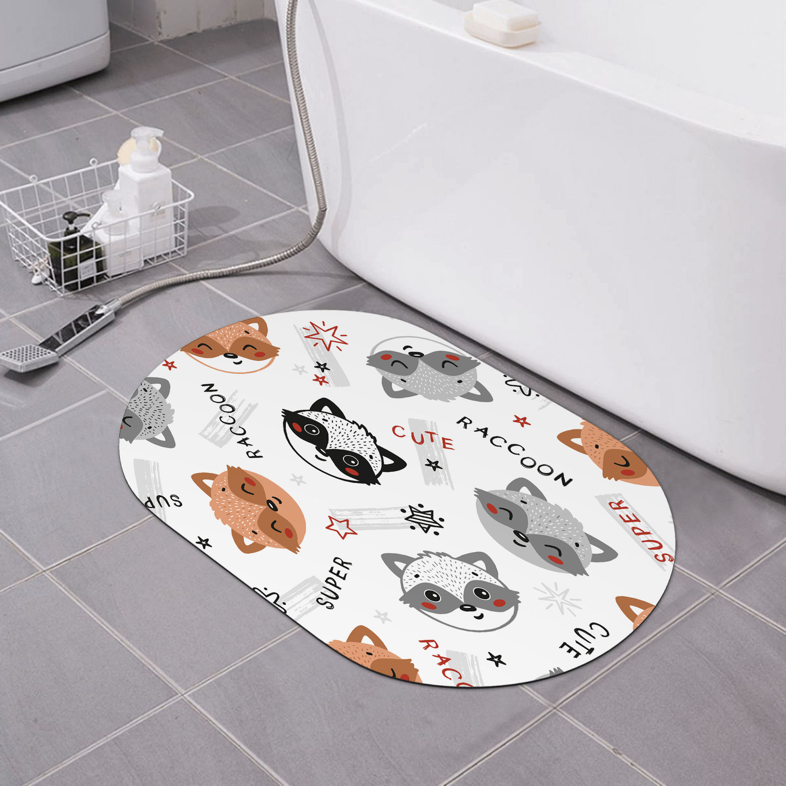 Super Absorbent Diatomaceous Earth Bath Mat Cute Little Raccoon Heads
