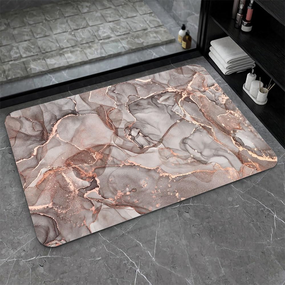 Super Absorbent Diatomaceous Earth Stone Bath Mat,Black Gold Swirl Marble Quick-Drying Bathroom Carpets,Non Slip Bathtub Floor Mat，Easy to Clean, Simple Kitchen Doormat(Square 50×80cm)