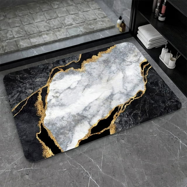 Super Absorbent Diatomaceous Earth Stone Bath Mat,Black White Golden