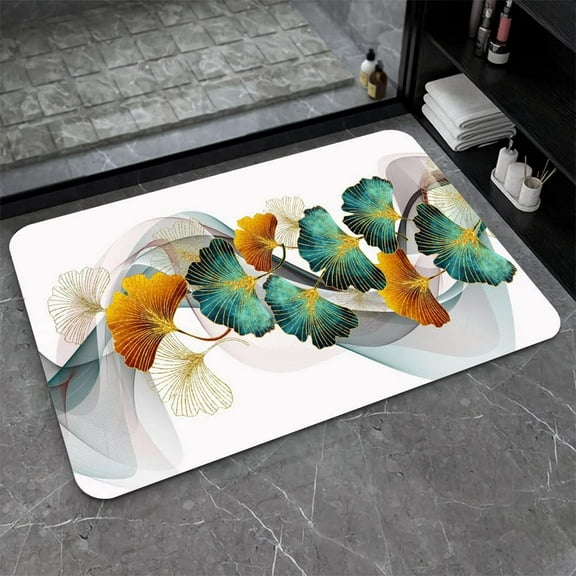 Super Absorbent Diatomaceous Earth Stone Bath Mat,Golden Green Leaves Quick-Drying Bathroom Carpets,Non Slip Bathtub Floor Mat,Easy to Clean, Simple Kitchen Doormat(Square 43×70cm)