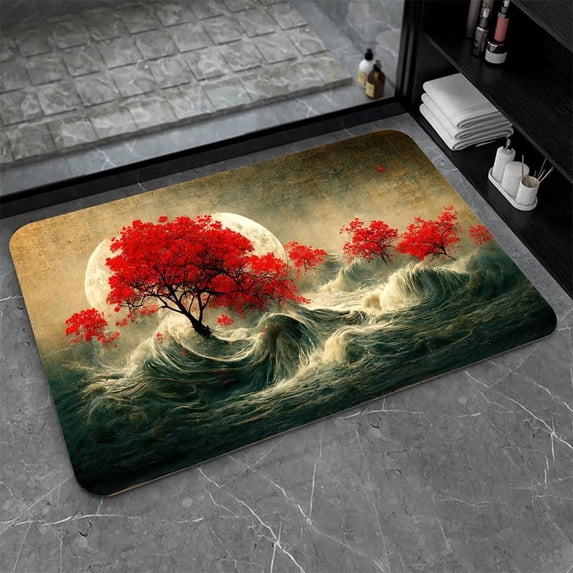 Super Absorbent Diatomaceous Earth Stone Bath Mat,Moon,Trees,Waves Quick-Drying Bathroom Carpets,Non Slip Bathtub Floor Mat,Easy to Clean, Simple Kitchen Doormat(Square 50×80cm)