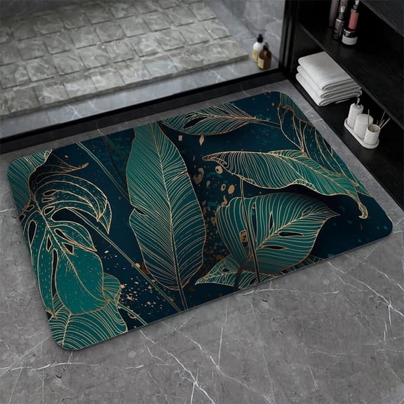 Super Absorbent Diatomaceous Earth Stone Bath Mat,Palm Leaves, Gold, Black, White Marble Quick-Drying Bathroom Carpets,Non Slip Bathtub Floor Mat，Easy to Clean, Simple Kitchen Doormat(Square 43×70cm)
