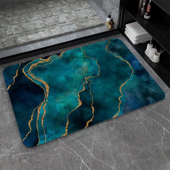 Super Absorbent Diatomaceous Earth Stone Bath Mat,Teal and Gold Marble Quick-Drying Bathroom Carpets,Non Slip Bathtub Floor Mat，Easy to Clean, Simple Kitchen Doormat(Square 40×60cm)