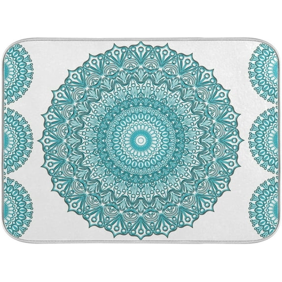 Super Absorbent Dish Drying Mat, Microfiber Fast-Drying Dish Mat, 16" x 18", Kitchen Dish Drying Pad, Boho Ethnic Turquoise Mandala