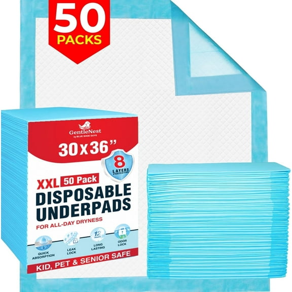 Blue Shoe Guys Absorbent Leakproof Incontinence Underpads, Maximum Absorbency, XL 30 x 36 Inch (50 Count)