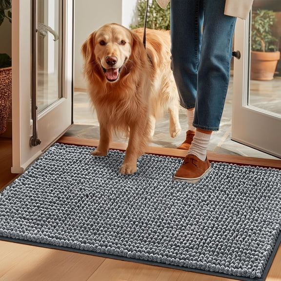 Super Absorbent Dog Door Mat for Muddy Paws 48x30 Inch Indoor, Front Doormat Outside Entrance, Quick Dry Chenille Washable Dog Crate Bed, Non-Slip Pet Rug Mud Mat Outdoor Entryway, Grey