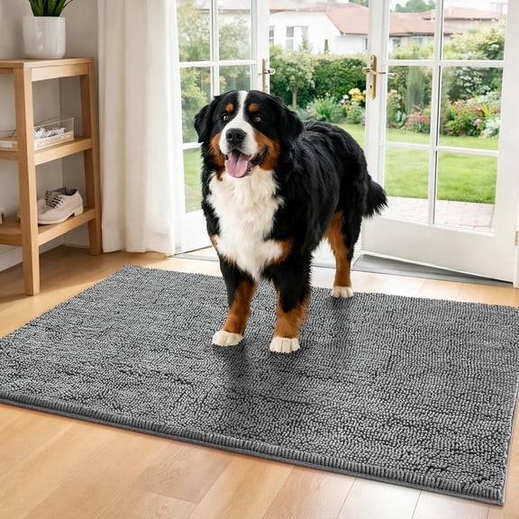 Super Absorbent Dog Door Mat for Muddy Paws, 60"x36" Dirt Trapper Non-Slip Chenille Mat for Mud Dogs, Machine Washable Quick Dry Indoor Entryway Rug, Grey