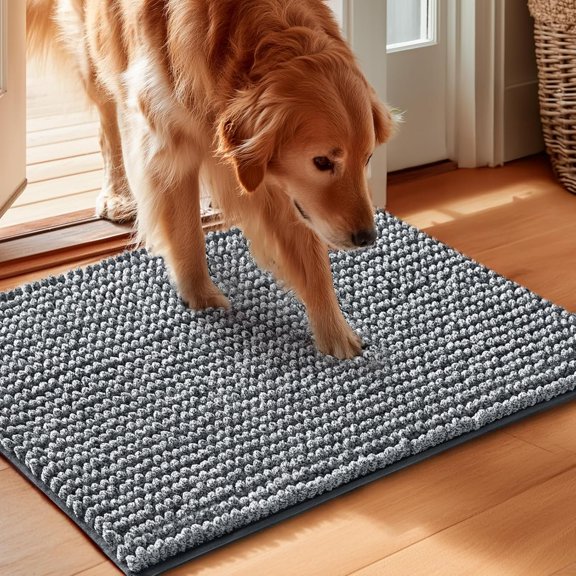 Super Absorbent Door Mat for Muddy Paws 24x16 Inch Indoor, Front Doormat Outside Entrance, Quick Dry Chenille Washable Crate Bed, Non-Slip Pet Rug Mud Mat Outdoor Entryway, Grey