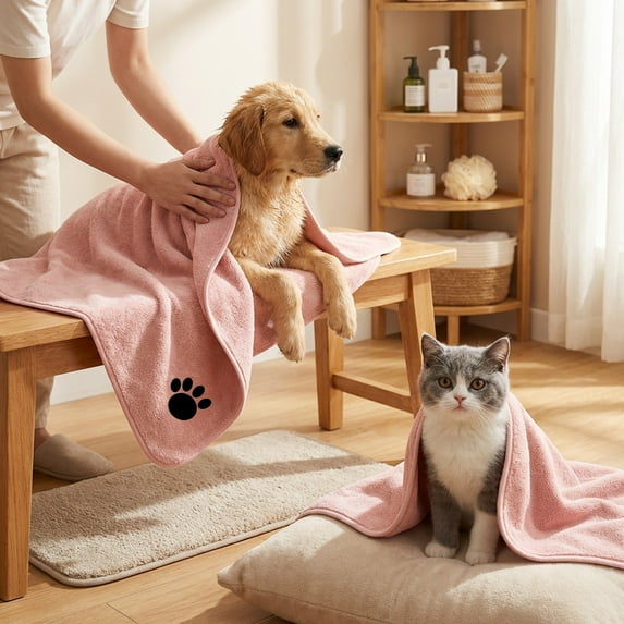 Super Absorbent Pet Bath Towel - Coral Fleece Microfiber Dog/Cat Drying Towel, Soft Fast-Dry Grooming Cloth, Large Size Absorbent Pet Towel for Bath Time, 39.37*19.69in, Pink