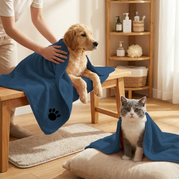 Super Absorbent Pet Bath Towel - Coral Fleece Microfiber Dog/Cat Drying Towel, Soft Fast-Dry Grooming Cloth, Large Size Absorbent Pet Towel for Bath Time, 39.37*19.69in, Dark Blue