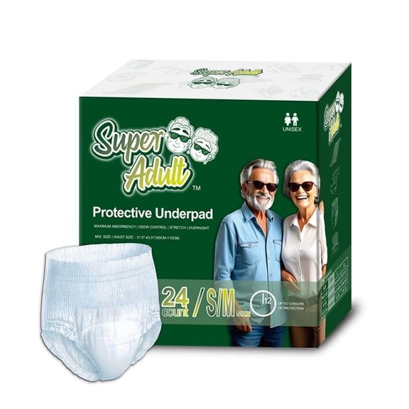 Super Adult, Premium Unisex Protective Underwear, Disposable Overnight Incontinence Briefs for Women & Men, Leak-Proof Protection, Maximum Absorbency, 24 Count (Small-Medium)