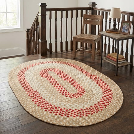Super Area Rugs Oval 2' X 3' Beige - Red - Ivory Oval Braided Rug for Farmhouse Style Kitchens and Bathrooms