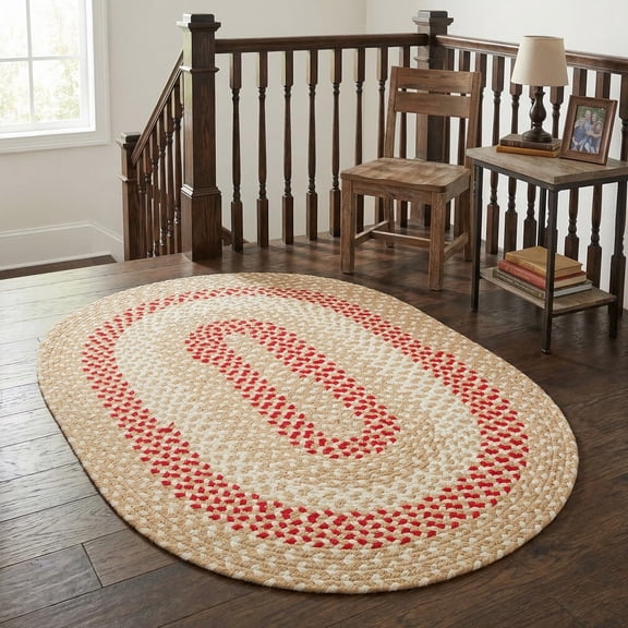 Super Area Rugs Oval 2' X 3' Beige - Red - Ivory Oval Braided Rug for Farmhouse Style Kitchens and Bathrooms