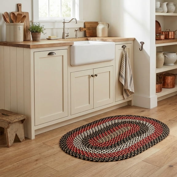 Super Area Rugs Oval 2' X 3' Black - Red - Brown Oval Braided Rug for Farmhouse Style Kitchens and Bathrooms