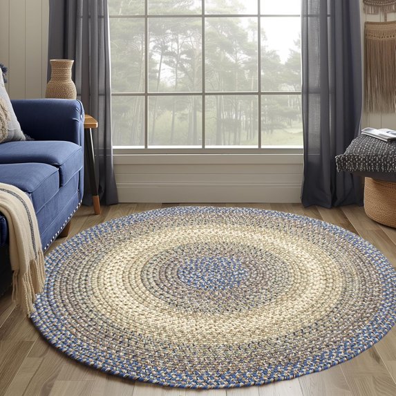 Super Area Rugs Braided Rug Round 10ft Farmhouse Kitchen Rug - Ridgewood Braided Rug for Living Room - Reversible - Indoor/Outdoor - Made in USA - Blue/Beige, 10' Round