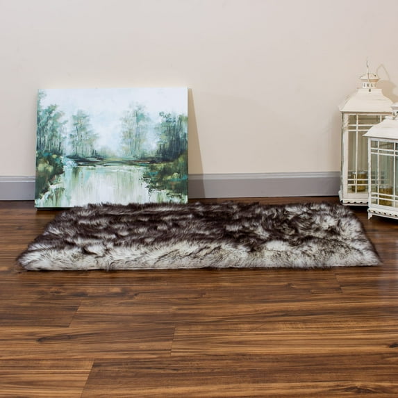 Super Area Rugs Faux Fur Tipped Hand Dyed Sheepskin Area Rug White & Black Tips 2' x 3' 2' x 3' Black