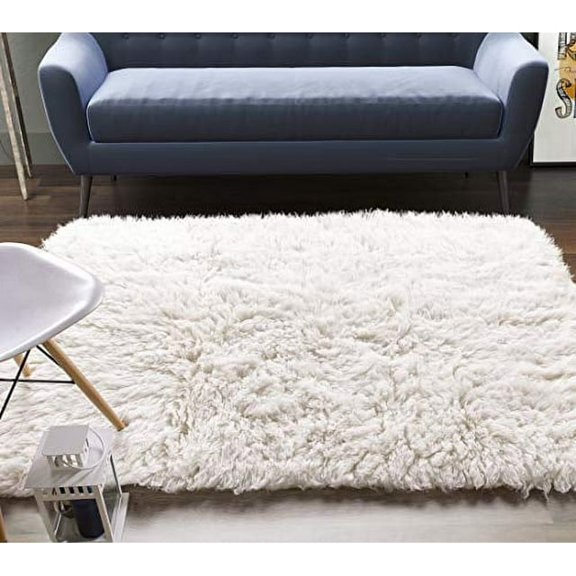 Super Area Rugs, Wool Flokati Solid White Shag Rug