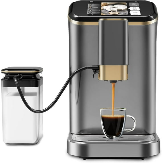 Super Automatic Espresso Machine 20 Bar High Pressure, Fully Automatic Espresso Maker Built-In Milk Frother, Milk Container, Touch Screen, Cappuccino & Latte Machine