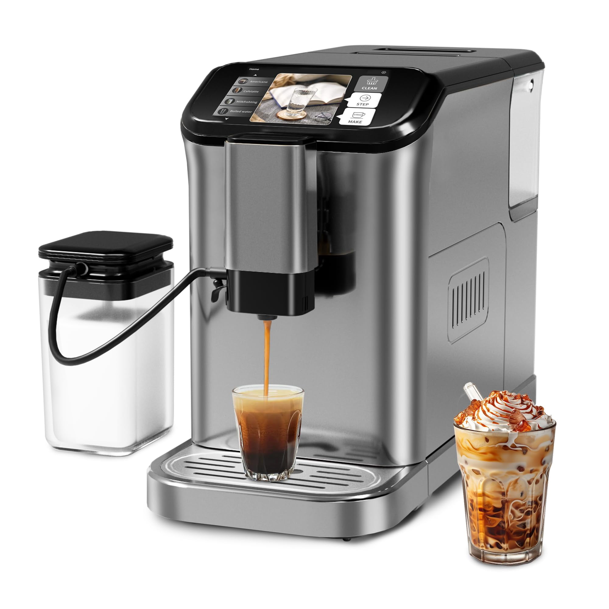Super Automatic Espresso Machine 20 Bar High Pressure for Latte Espresso and Cappuccino, Stainless Steel Conical Burr Grinder, Espresso Maker For Home Barista, Touch Screen (Grey)