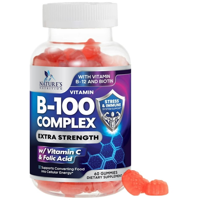 B Complex Gummy with Vitamin C & Folic Acid, Extra Strength Vitamin B Gummies Supplement with Niacin, B6, Folic Acid, Super B12, Biotin, Nature's Energy Immune Support Supplements - 60 Gummies