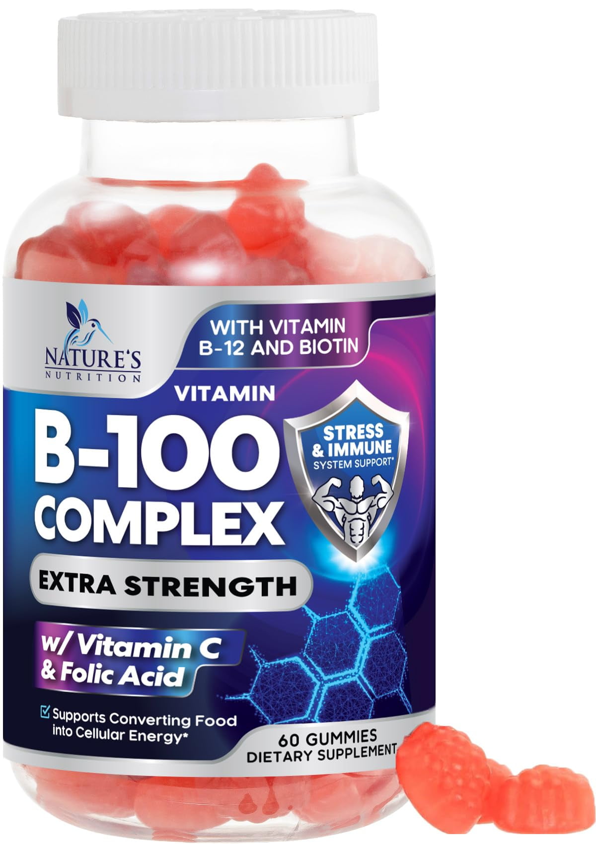 Super B Complex Gummy with Vitamin C & Folic Acid, Extra Strength Vitamin B Gummies Supplement with Niacin, B6, Folic Acid, B12, Biotin, Nature's Energy Immune Support Supplements - 60 Gummies