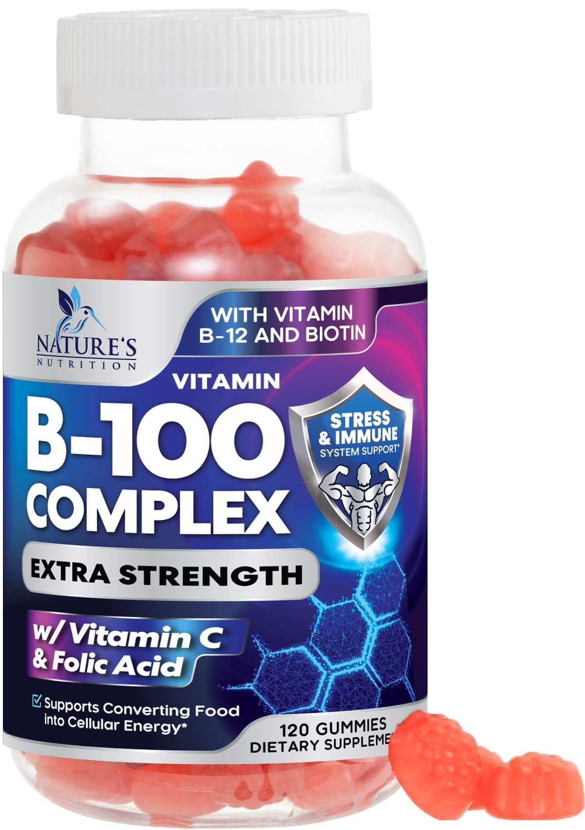 B Complex Gummy with Vitamin C & Folic Acid, Extra Strength Vitamin B Gummies Supplement with Niacin, B6, Folic Acid, Super B12, Biotin, Nature's Energy Immune Support Supplements - 120 Gummies