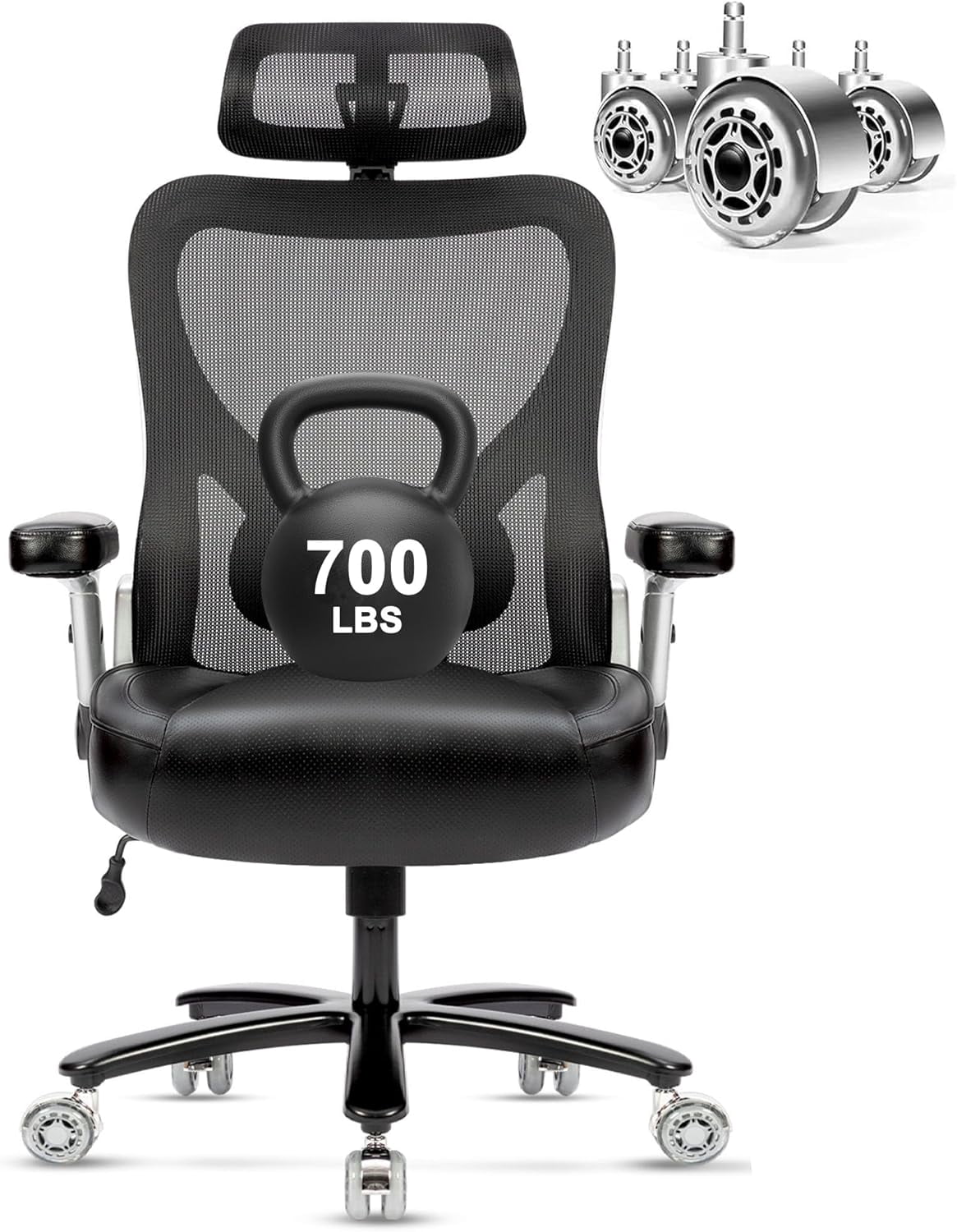 Super Big and Tall Office Chair 700lbs- Heavy Duty Executive Computer Chair with Rubber Wheels 3D Flip Arms, Ergonomic Mesh High Back Desk Chair, Extra Wide Seat Adjustable Lumbar Support&Headrest