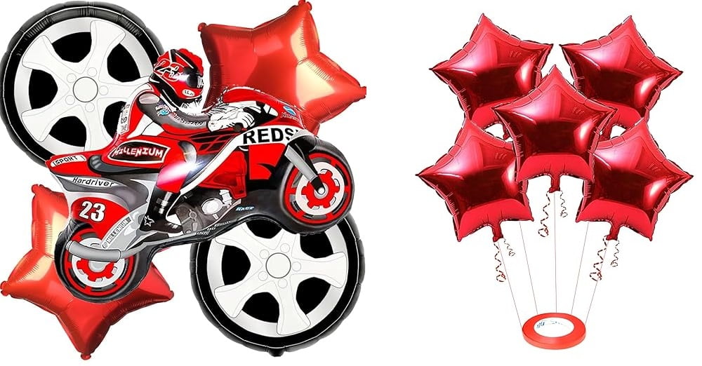 Super Bike Racing Foil Balloon Birthday Decor Boys Race Car Theme Party Supplies Decoration - Set Of 5 - Red + (Pack of 5) 18 Inch Red Star Shaped Foil Balloon with Ribbon
