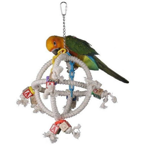 Super Bird Creations SB445 Orbiter Bird Toy for Parrots, Parrotlets, Parakeets, Cockatiels - Interactive Swinging Orb with Chewable Wooden Cubes and Plastic Chains - Small/Medium Birds - 14” x 10”