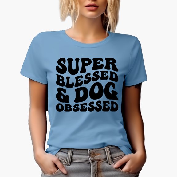 Super Blessed & Dog Obsessed, Groovy Retro Wavy Text Merch Gift, Baby Blue T-Shirt, 2XL
