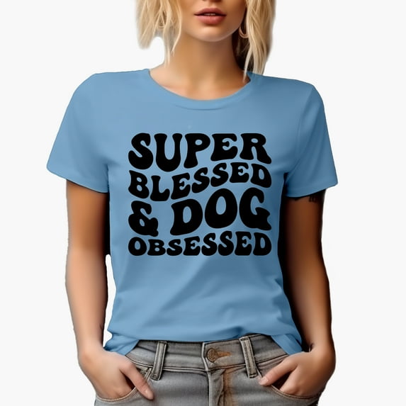 Super Blessed & Dog Obsessed, Groovy Retro Wavy Text Merch Gift, Baby Blue T-Shirt, Small