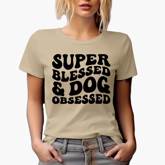Super Blessed & Dog Obsessed, Groovy Retro Wavy Text Merch Gift, Tan T-Shirt, XL