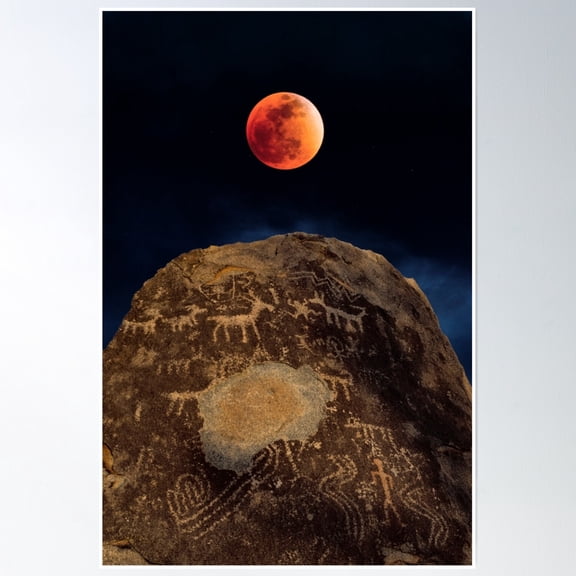 Super Blue Blood (Sailor) Moon Over Petroglyph Point Poster Wall Art, Modern Wall Decor, 8x12 UNFRAMED
