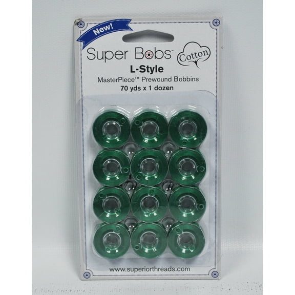 Super Bobs MasterPiece Cotton 70yd Prewound Bobbins 12ct L-Style Kelli Green