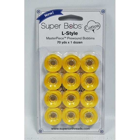 Super Bobs MasterPiece Cotton 70yd Prewound Bobbins 12ct L-Style Simply Yellow