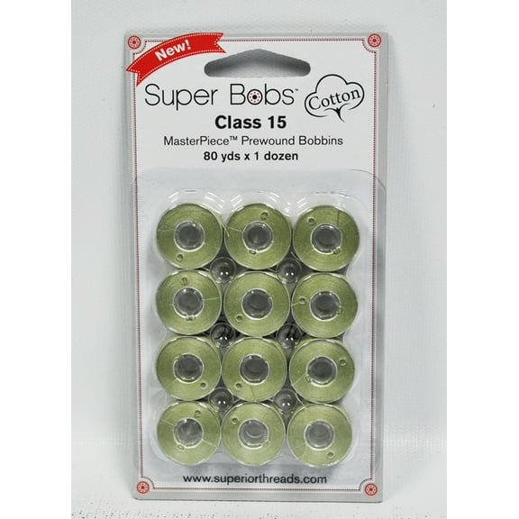 Super Bobs MasterPiece Cotton 80yd Prewound Bobbins 12ct Class 15 Monet Green