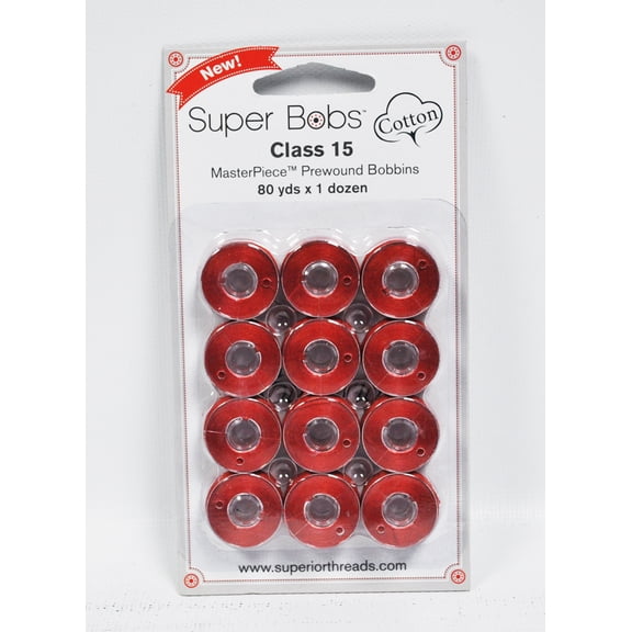 Super Bobs MasterPiece Cotton 80yd Prewound Bobbins 12ct Class 15 Red Hill