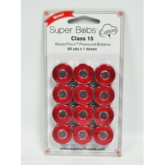 Super Bobs MasterPiece Cotton 80yd Prewound Bobbins 12ct Class 15 Renae Red