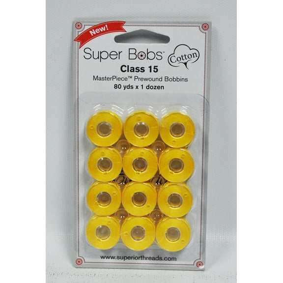 Super Bobs MasterPiece Cotton 80yd Prewound Bobbins 12ct Class 15 Simply Yellow