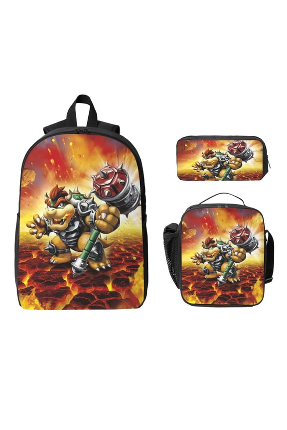 Super Bow-ser Lightweight 17in Backpack 3pcs Daypack Laptop Bag Insulated Lunch Bags Pen Bag