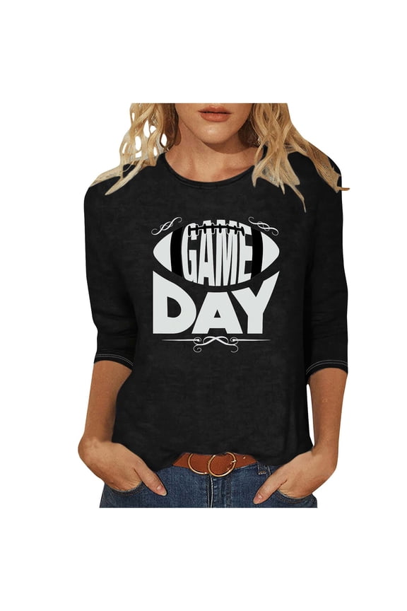 Rugby Football Shirts for Women 2025 Plus Size 3/4 Sleeve Tops Loose Casual Crew Neck Blouses Game Shirt, Black, M