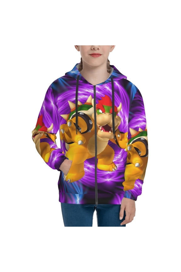 Super Bowser Teens Boys Girls Zip Up Hoodies 3d Print Long Sleeve Hooded Sweatshirt Jacket With Pocket Large