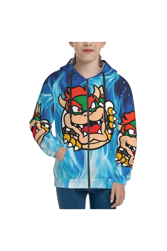 Super Bowser Teens Boys Girls Zip Up Hoodies 3d Print Long Sleeve Hooded Sweatshirt Jacket With Pocket Large