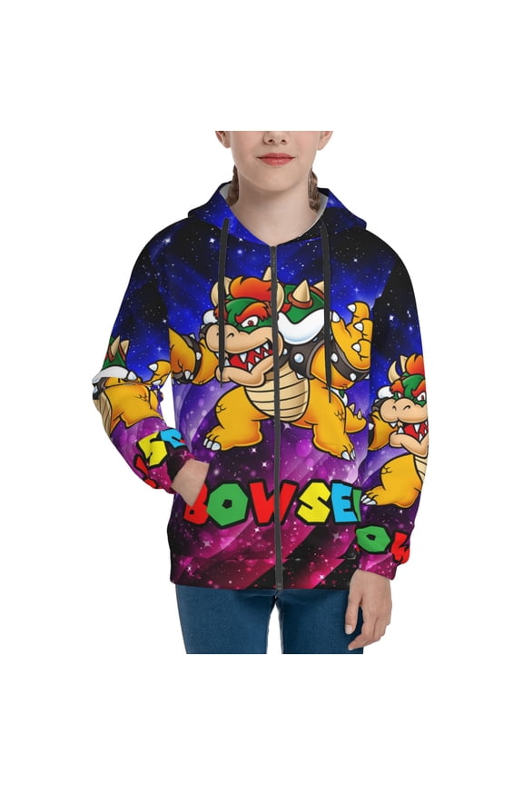 Super Bowser Teens Boys Girls Zip Up Hoodies 3d Print Long Sleeve Hooded Sweatshirt Jacket With Pocket Large