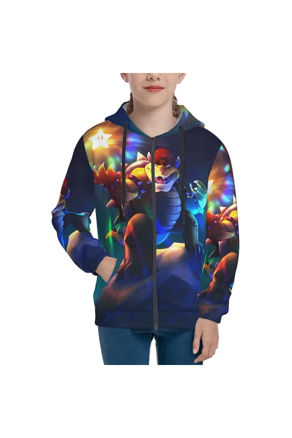 Super Bowser Teens Boys Girls Zip Up Hoodies 3d Print Long Sleeve Hooded Sweatshirt Jacket With Pocket Large