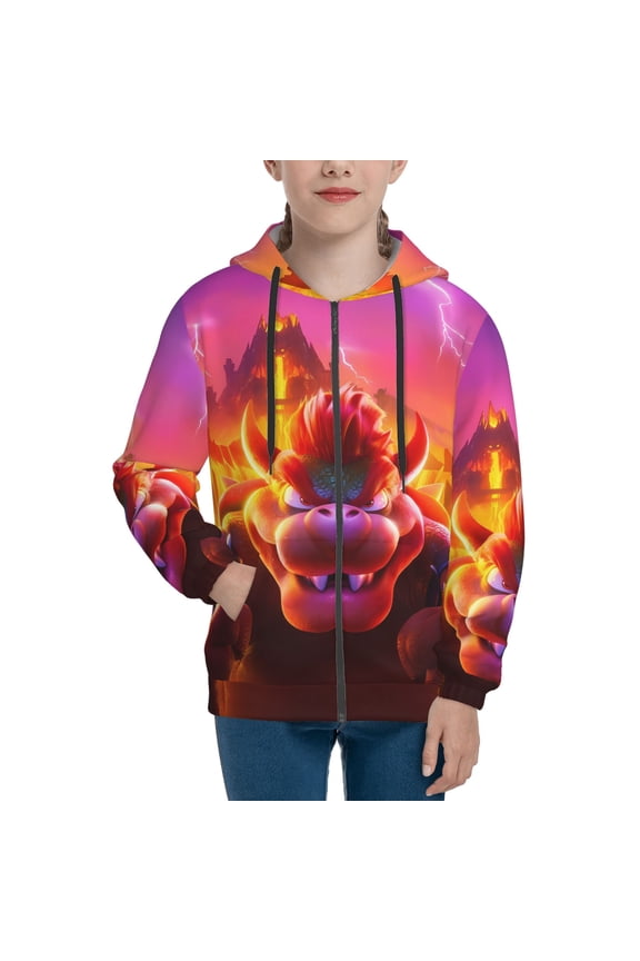 Super Bowser Teens Boys Girls Zip Up Hoodies 3d Print Long Sleeve Hooded Sweatshirt Jacket With Pocket Medium