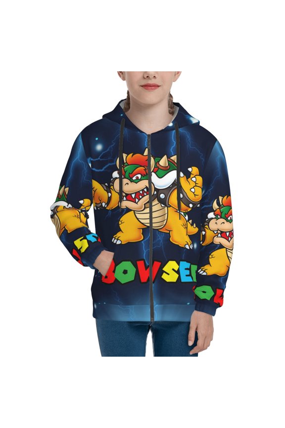 Super Bowser Teens Boys Girls Zip Up Hoodies 3d Print Long Sleeve Hooded Sweatshirt Jacket With Pocket Small