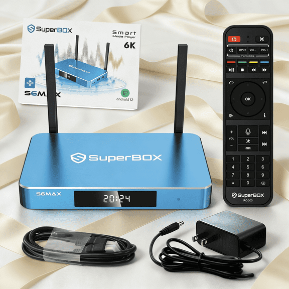 Super Box S6 Max 2025 Fully Loaded, 4GB RAM+64GB ROM, Superbox S6 Max Smart TV Box with Voice Remote, 2T2R Dual Band Wifi, Easy Setup Guide & Phone Support by Authorised Seller