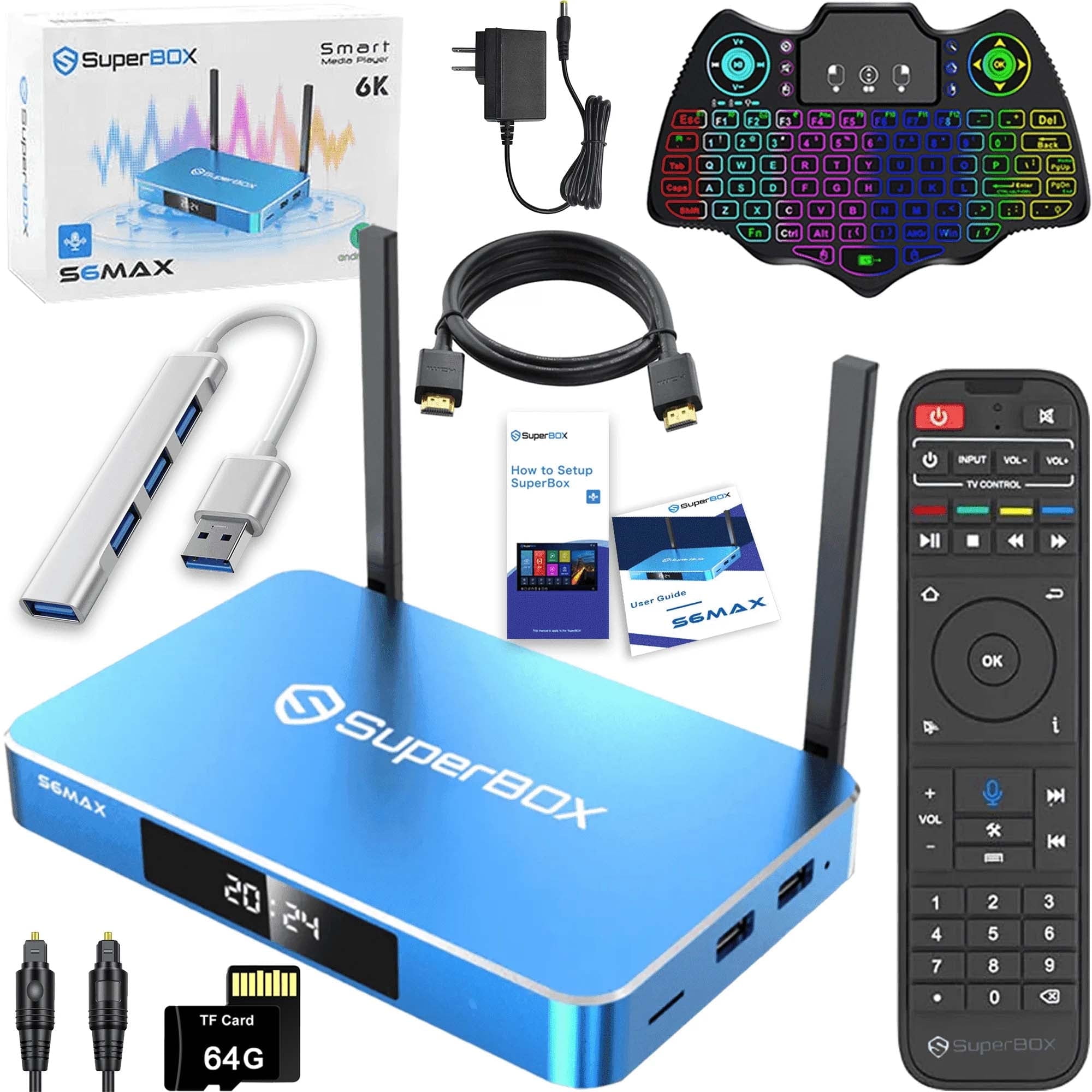 Super Box S6 Max 4G+64G Storage 2025 Full Loaded with 64G TF Card, Keyboard, USB Hub, Voice Remote, Audio Cable, HDMI Cord, Power Supply and Manuals