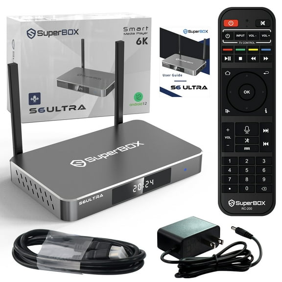 Super Box S6 Ultra 2025 Fully Loaded,4G+128G Storage,Bluetooth 5.2,Quad-Core,with Channels Free,6K HD,with Voice Remote,Easy Setup Gudie,with Channels Free